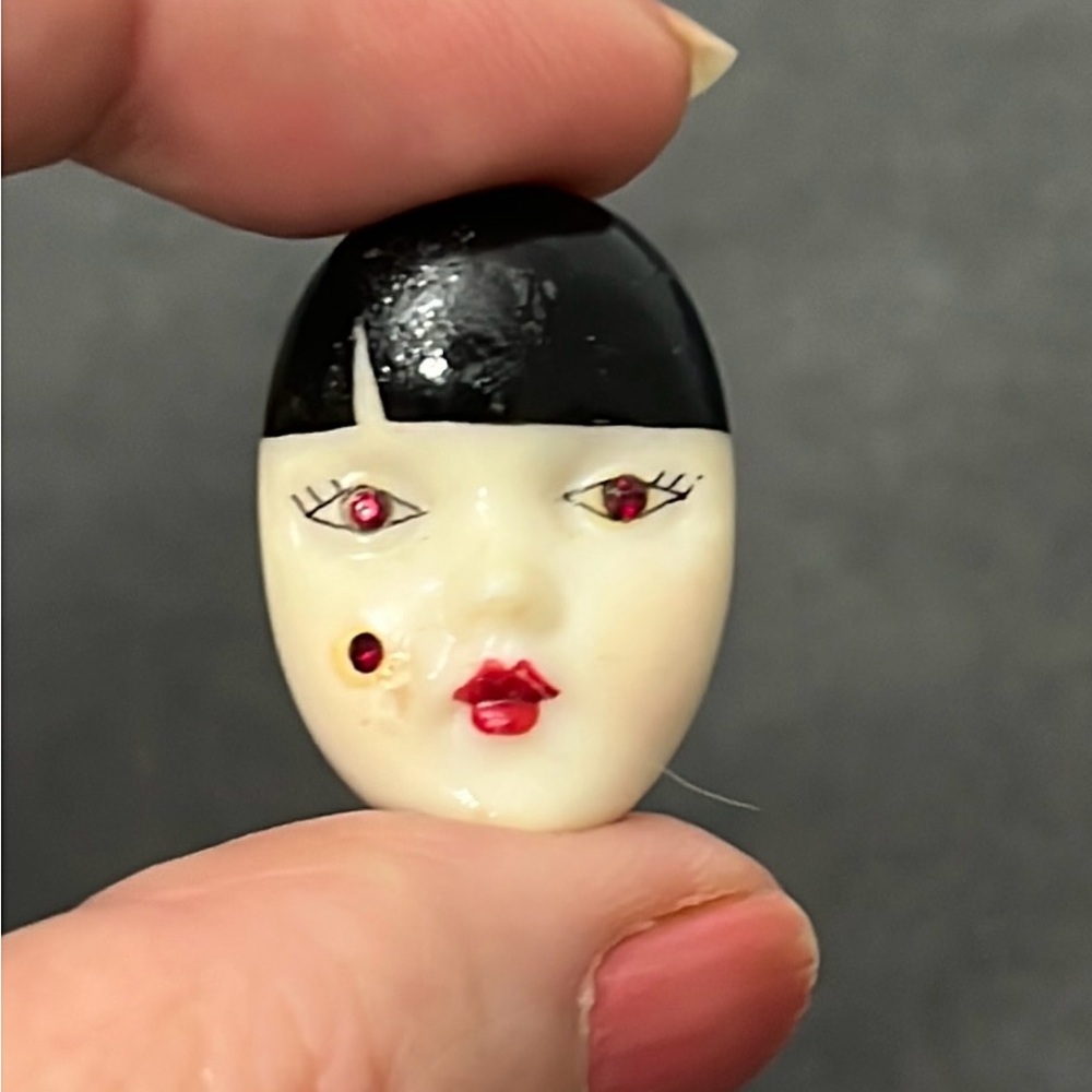 Vintage Adagio Porcelain Face Hand Crafted Signed Brooch Pin Crystal Eyes 1”